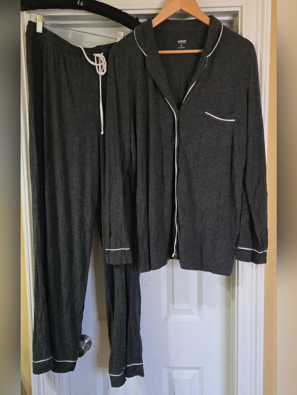 Alfani Women's Super Soft  Charcoal Pants Pajama Set  White Piping Long Sleeve